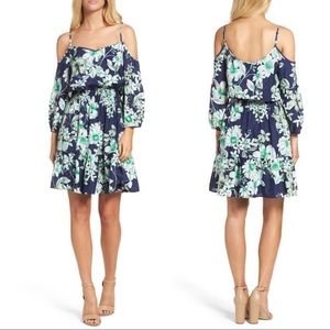 Eliza J Navy Green Floral Cold Shoulder Dress